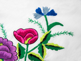 embroidered delicate flowers on a white background, Ukrainian embroidery