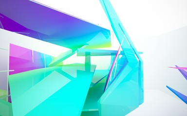 Abstract dynamic interior with gradient colored objects. 3D illustration and rendering