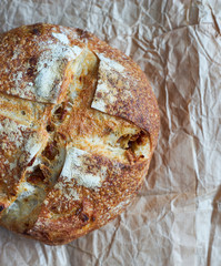 Fresh crisp round homemade french onion bread top view