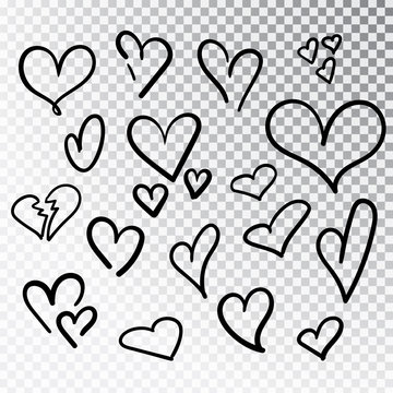 Hearts hand drawn set isolated. Design elements for Valentine s day. Collection of doodle sketch hearts hand drawn with ink. Vector illustration 10 EPS