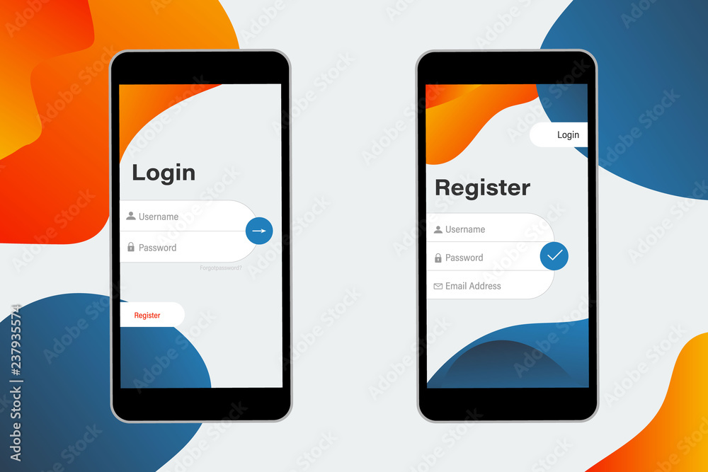 Poster login and register on screen. log in and sign up ui ux on smartphone screen. sign in screen. login a