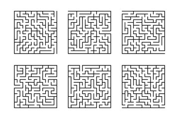 A set of square mazes. Game for kids. Puzzle for children. Labyrinth conundrum. Flat vector illustration isolated on white background.