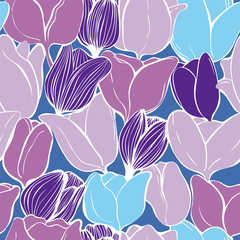 colorful stylish illustration of spring tulips for card, seamless floral pattern for spring holidays, cold gamma