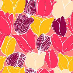 colorful tulips illustration, seamless stylish pattern of spring flowers for spring holidays