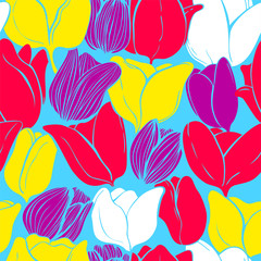 colorful illustration of spring tulips for card, seamless floral pattern for spring holidays