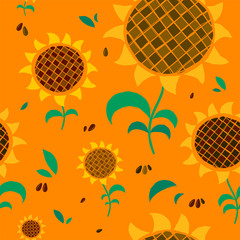 beautiful sunflowers seamless floral pattern for wrapping paper on orange sunny background