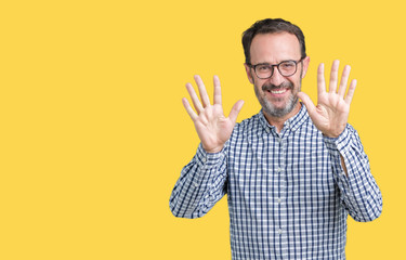 Handsome middle age elegant senior business man wearing glasses over isolated background showing and pointing up with fingers number ten while smiling confident and happy.