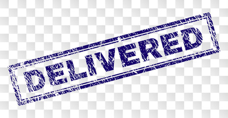 DELIVERED stamp seal print with rubber print style and double framed rectangle shape. Stamp is placed on a transparent background. Blue vector rubber print of DELIVERED tag with dust texture.