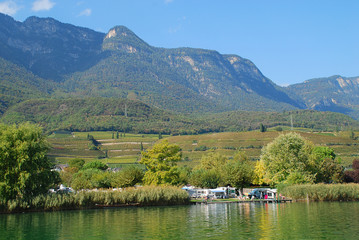 Fototapeta na wymiar Mountain panorama at Lake Kaltern, South Tyrol, Italy