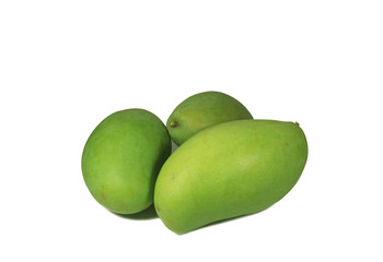 Three of Vibrant Green Thai Young Mangoes Isolated on White Background with Free Space for Text or Design 