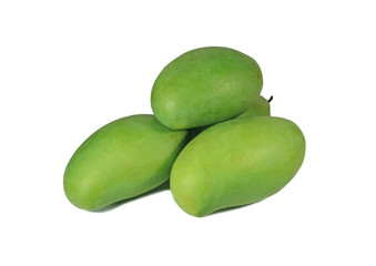 Piled Up Vibrant Green Sweet and Sour Thai Young Mangoes Isolated on White Background