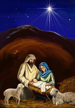 Christmas story. Christmas night, Mary, Joseph and the baby Jesus, Son of God , symbol of Christianity art illustration hand drawn painted