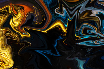 Yellow, blue, brown color distortion in the form of sharp corners and spirals.