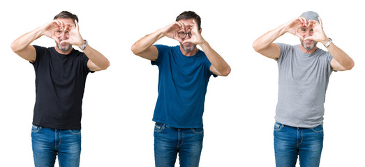 Fototapeta premium Collage of handsome senior man over white isolated background Doing heart shape with hand and fingers smiling looking through sign