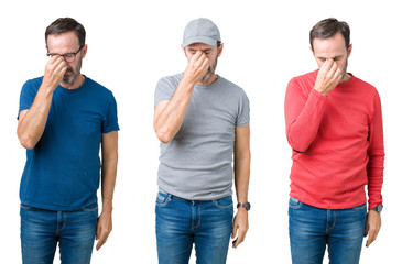 Collage of handsome senior man over white isolated background tired rubbing nose and eyes feeling fatigue and headache. Stress and frustration concept.