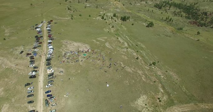Stationary Aerial View Of The People Gathering To Watch The Solar Eclipse August the twenty first two thousand seventeen Wyoming