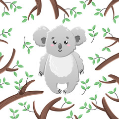 Vector cartoon koala among the leaves and branches. Doodle illustration. Funny happy animal. Template for print, cards, textiles, clothing, design.