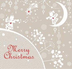Pastel naive childish Xmas greeting card with paper cutting little angels, winter tree silhouettes, snowflakes and Christmas star