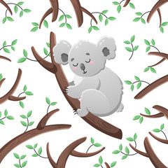 Vector cartoon koala among the leaves and branches. Doodle illustration. Funny happy animal. Template for print, cards, textiles, clothing, design.