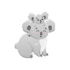 Cute cartoon koala. Mom and baby. Vector isolated illustration on white background. Template for design, print.