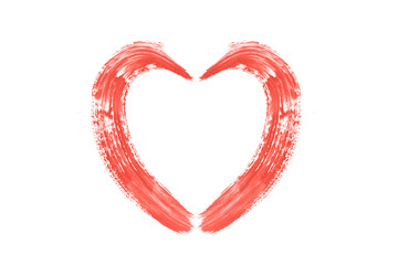 Living Coral brush strokes shaped heart made with acrylic paint, isolated on white. Color of the 2019 year.