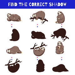 Fun game for kids. Find the correct shadow. Vector cartoon illustration. Cute doodle sloth
