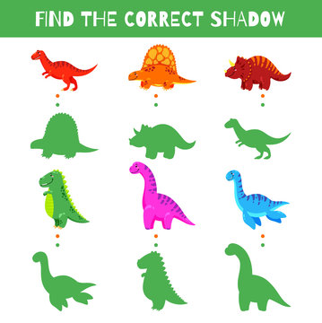 Fun game for kids. Find the correct shadow. Vector cartoon illustration. Cute doodle dinosaurs
