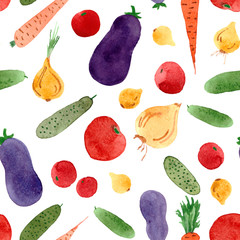 seamless vegetables watercolor pattern with cucmbers, tomatoes, onion, carrots, eggplants, hand-drawn, colorful