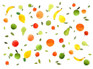 watercolor set of fruits colorful hand-drawn fresh apples, pears, lemons, oranges, mandarins, tangerines, bananas