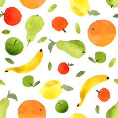 Fruits pattern seamless watercolor, colorful pears, oranges, bananas, apples, lemons