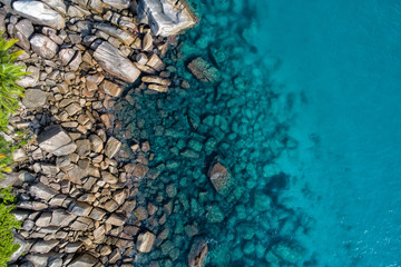 Aerial view of beautiful island at Seychelles in the Indian Ocean. Top view from drone