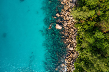 Aerial view of beautiful island at Seychelles in the Indian Ocean. Top view from drone