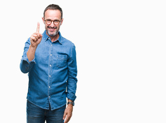 Middle age hoary senior man wearing glasses over isolated background showing and pointing up with finger number one while smiling confident and happy.