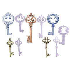 Isolated old keys illustration element. Watercolor background illustration set. Watercolour drawing fashion aquarelle.