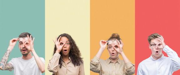 Collage of a group of people isolated over colorful background doing ok gesture shocked with surprised face, eye looking through fingers. Unbelieving expression.