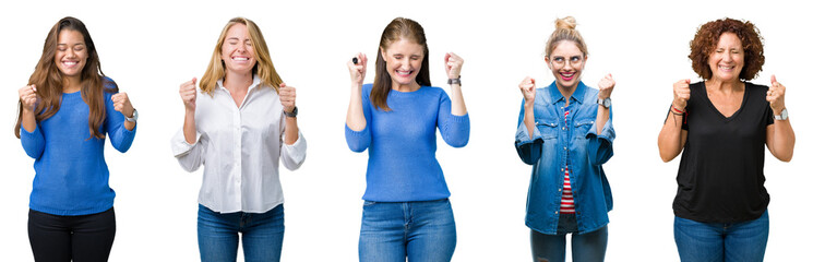 Collage of group of beautiful women over white isolated background excited for success with arms raised celebrating victory smiling. Winner concept.