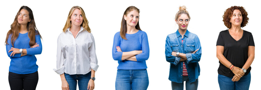 Collage of group of beautiful women over white isolated background smiling looking side and staring away thinking.