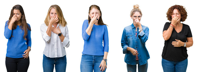 Collage of group of beautiful women over white isolated background smelling something stinky and disgusting, intolerable smell, holding breath with fingers on nose. Bad smells concept.