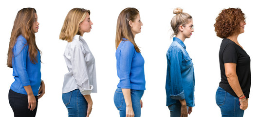 Fototapeta premium Collage of group of beautiful women over white isolated background looking to side, relax profile pose with natural face with confident smile.