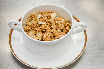 Almond and raisin granola in bowl