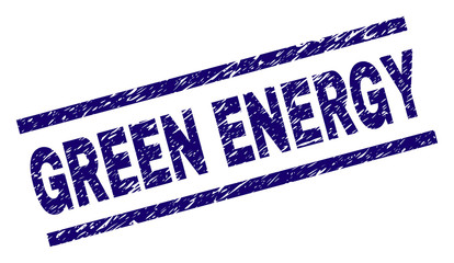 GREEN ENERGY seal print with distress style. Blue vector rubber print of GREEN ENERGY tag with corroded texture. Text tag is placed between parallel lines.