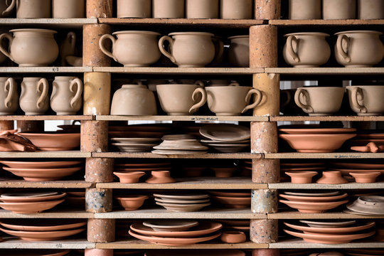 crafted pottery in portugal, still life of hand made pottery and ceramic bowls