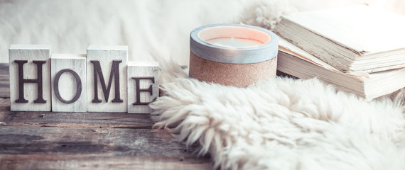 Cozy still life with details in the interior and wooden letters
