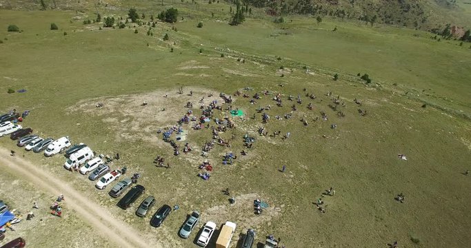 Close Stationary Aerial View Of The People Gathering To Watch The Solar Eclipse August the twenty first two thousand seventeen Wyoming