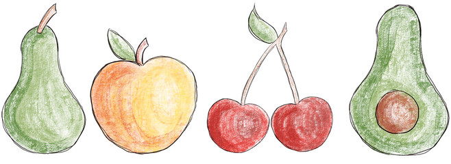 Illustration Birne, Apfel, Kirsche, Avocado