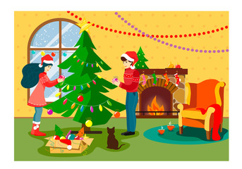 The girl and the guy in Santa's hats decorate the Christmas tree in a cozy room with a fireplace for Christmas and the new year, a cat sits next to it and it snows outside the window. Flat style illus