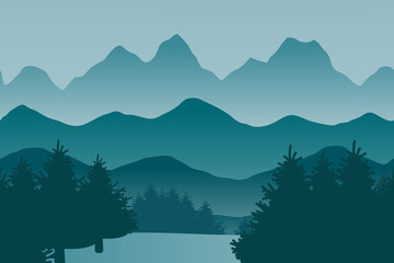Vector landscape with hills and coniferous forest - simple illustration