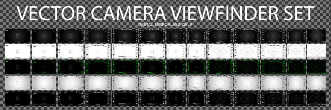 Camera focusing screen 65 in 1 pack - digital, mirorless, DSLR, cameraphone. White, black and green viewfinders camera recording. 4K ready detailed templates. Vector illustration