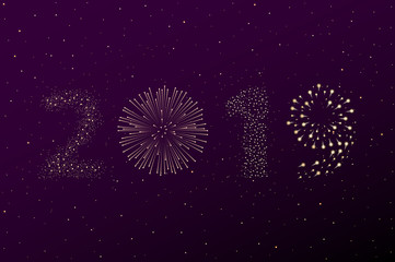 Firework 2019 New year concept on purple night sky background. Christmas card. Congratulations or invitation background. Vector illustration