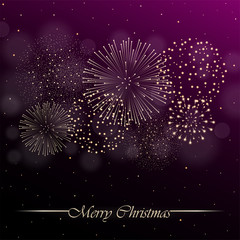 Firework show on violet night sky background with glow and sparkles. Christmas concept. Invitation, card, party background. Vector illustration
